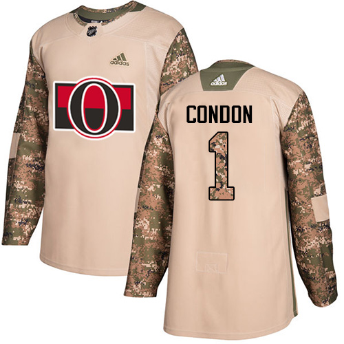Adidas Senators #1 Mike Condon Camo Authentic Veterans Day Stitched Youth NHL Jersey - Click Image to Close